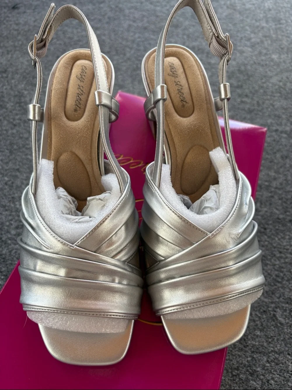 Easy Street Metallic Silver Slingback Heels - Block Heel - Open Toe - Size 8.5